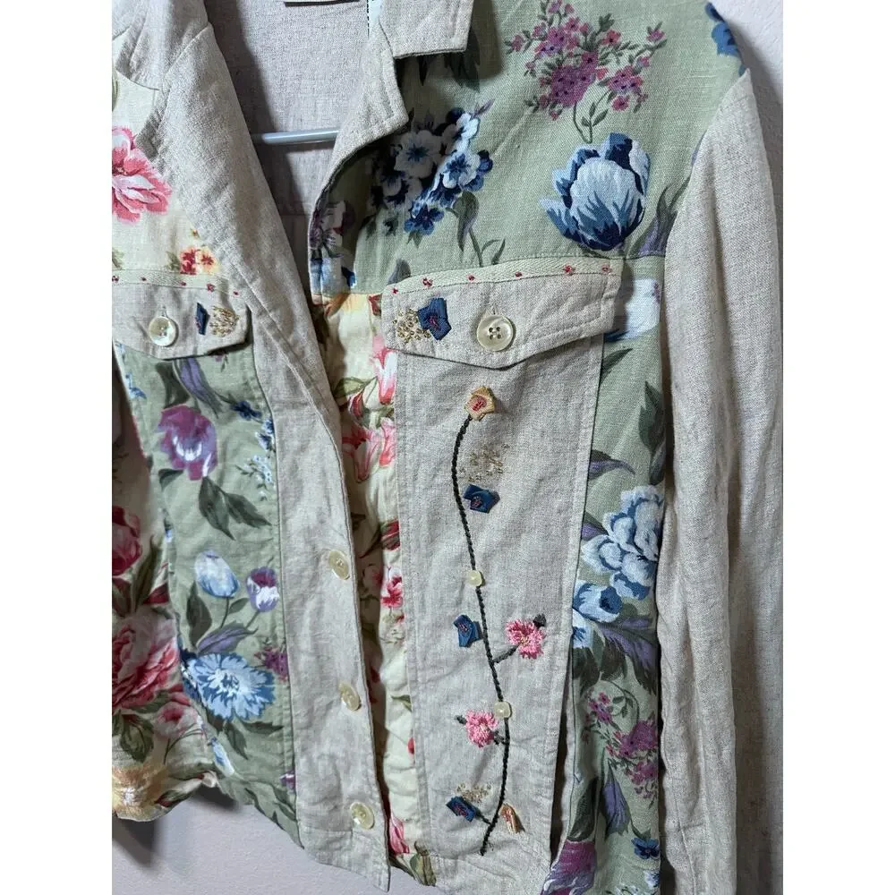 Vintage White Stag Blouse Shirt Women's M Linen Floral Cottage Country Core - Picture 3 of 6